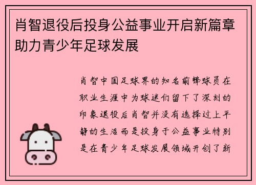 肖智退役后投身公益事业开启新篇章助力青少年足球发展